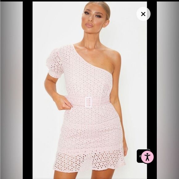 NWOT PRETTYLITTLETHING Pink one shoulder eyelet dress...ADORABLE - Picture 1 of 11